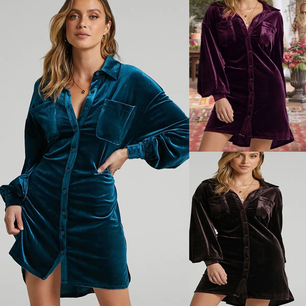 

The New Long Shirt for Autumn and Winter 2023 Is A Hot Seller in European and American Women's Gold Velvet Dresses
