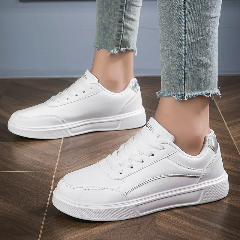 New Fashion Women's Shoes Trendy Faux Leather Flat Heighten Skate Shoes, Wear Resistance Non Slip Lace Up Sneakers