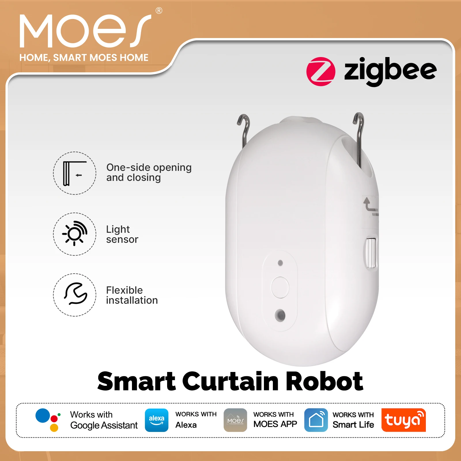 MOES Tuya ZigBee หุ่นยนต์ม่านไฟฟ้าอัจฉริยะ ตั้งเวลาเปิด-ปิดอัตโนมัติ พร้อมเซ็นเซอร์ตรวจจับแสง ควบคุมผ่านแอพและรีโมท รองรับ Alexa และ Google Home 1