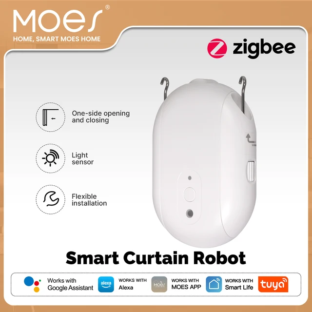 MOES Tuya ZigBee หุ่นยนต์ม่านไฟฟ้าอัจฉริยะ ตั้งเวลาเปิด-ปิดอัตโนมัติ พร้อมเซ็นเซอร์ตรวจจับแสง ควบคุมผ่านแอพและรีโมท รองรับ Alexa และ Google Home 1