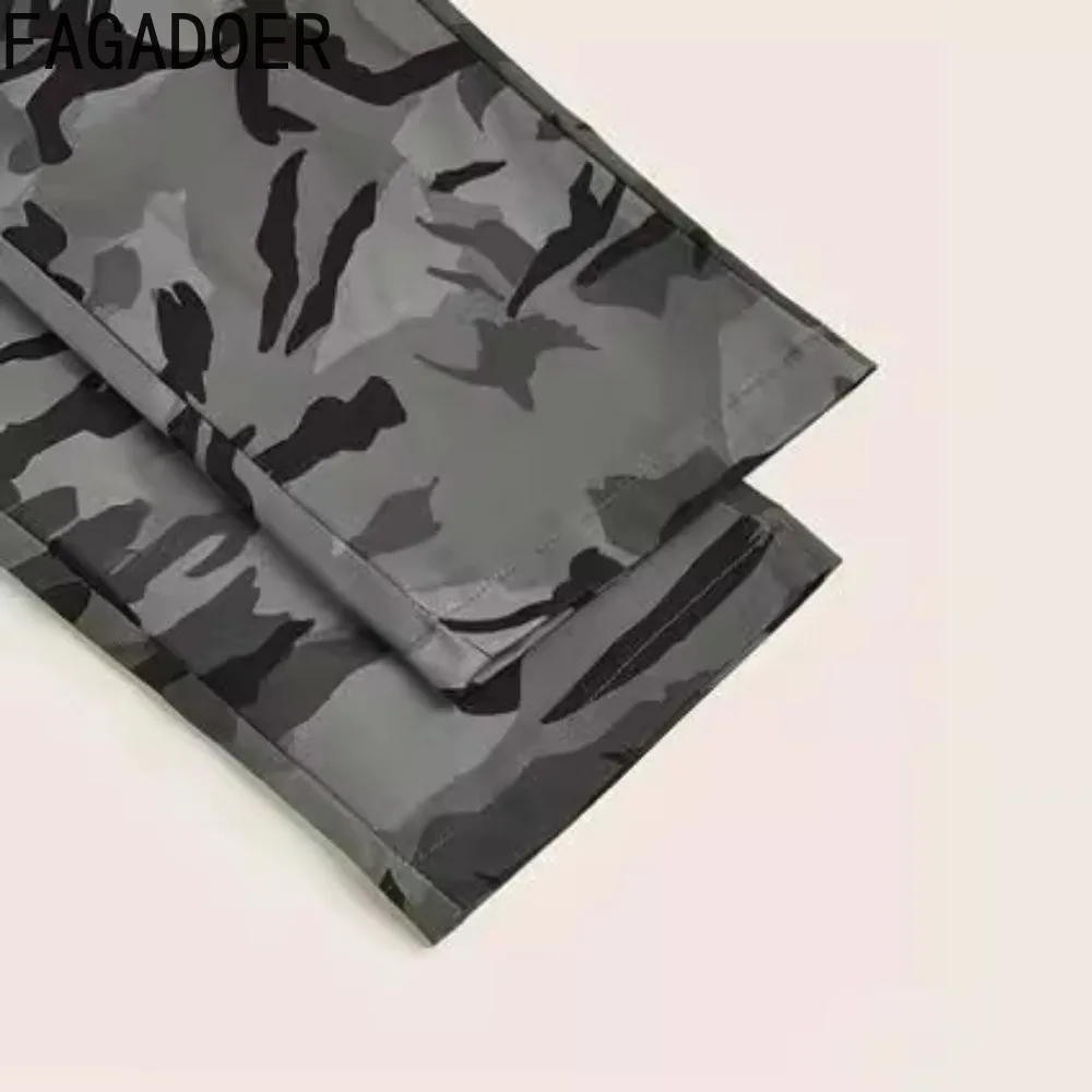 FAGADOER Gray Spring New Camouflage Printing Cargo Pants Women High Waist Button Pocket Sporty Jogger Pants Female Bottoms 2024