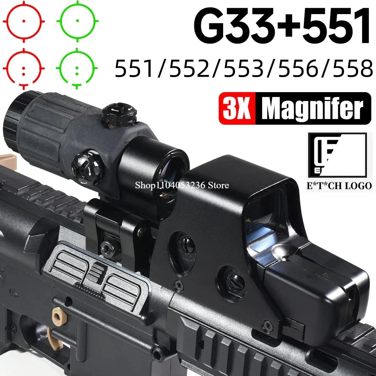 E*t*ch 558 553 G33 Red Dot Sight Holographic Flip 3X Magnifier Airsoft Optics Reflex Sights Scope Collimator Hunting Accessories Holographic Collimator Tactical Magnifier Scope