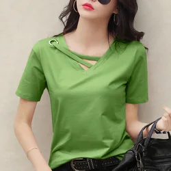 MRMT 2024 Brand New Women's Short Sleeve White T-shirt Women's V-neck Loose Korean Version Of Black Blouse Casual Ins T-shirt