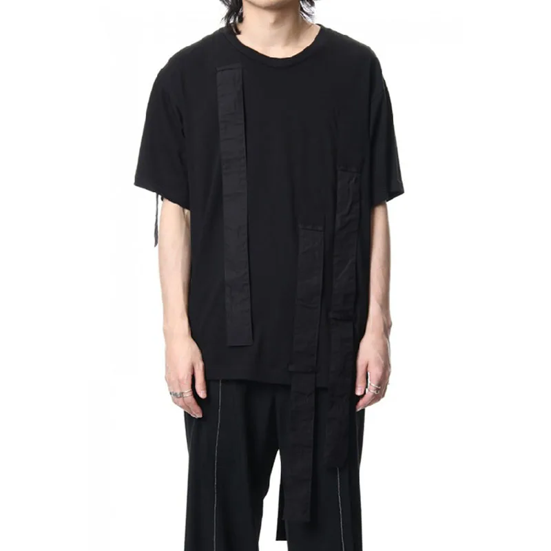 

European And American Fashion Trend Men's Black Round Neck Loose Patchwork Suspender Short Sleeved T-Shirt