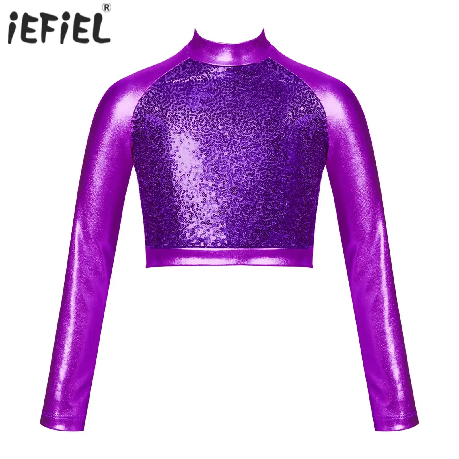 

Kids Girls Long Sleeve Front Sequin Fully Lined Dance Crop Tops Shiny Metallic Dance Top Hip Hop Jazz Dance Performance Costume