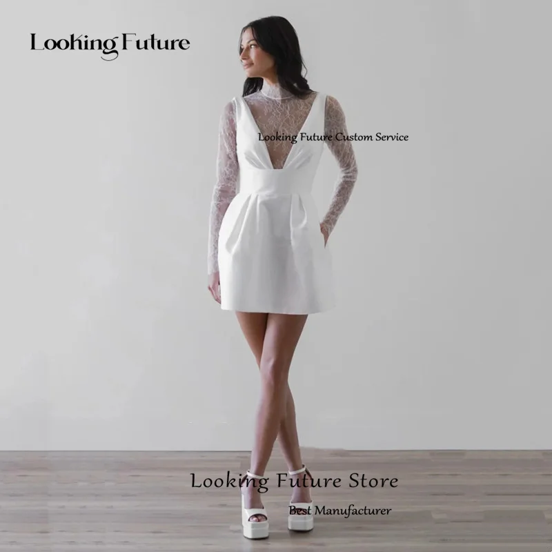 Customized Simple Mini Satin Lace Wedding Dress Pleat Long Sleeves Sexy High Neck Illusion With Button Short Wedding Gown 2025 12 Sa9b9f7a1a8bd4277b9c190ef8ad791ad0