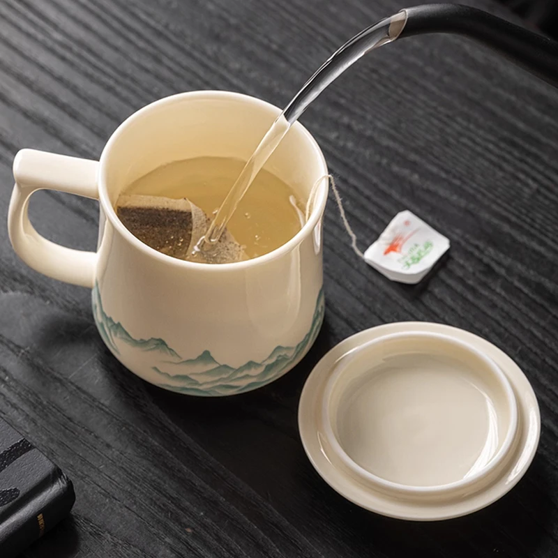 Chinese Style Ceramic With Cover White Porcelain Personal Tea Mugs, Personal Creative Pattern, Milk Water Coffee Cup, 370ml, 1Pc