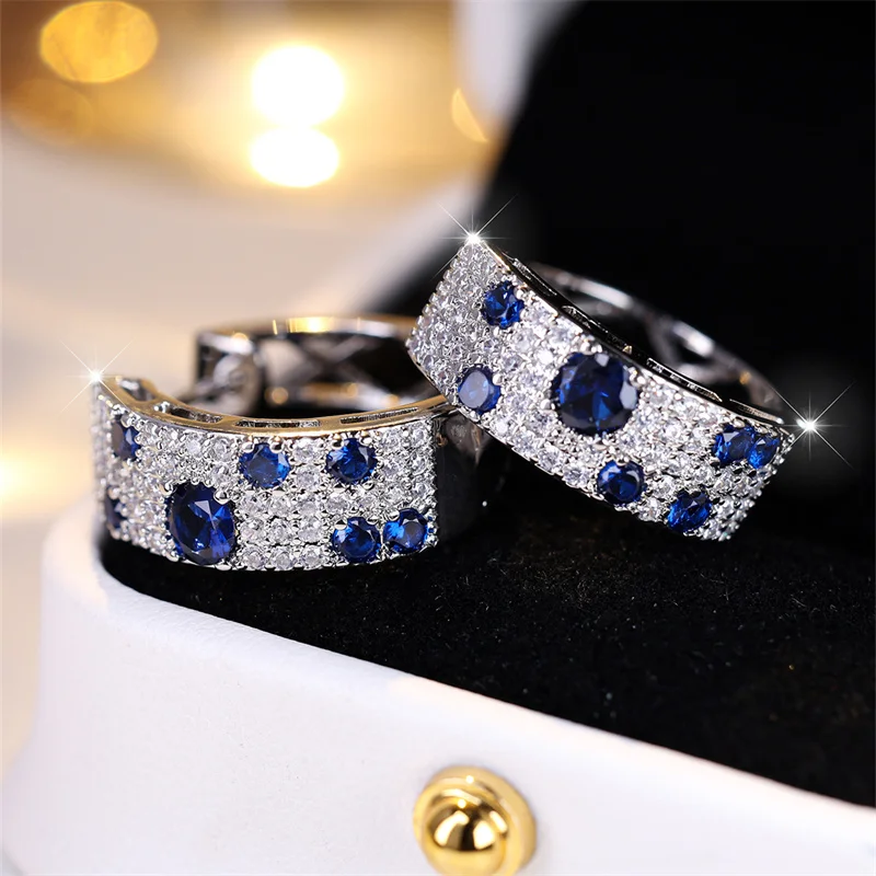 Luxury Female Blue Zircon Stone Clip Earrings Trendy Silver Color Wedding Jewelry Gift For Women