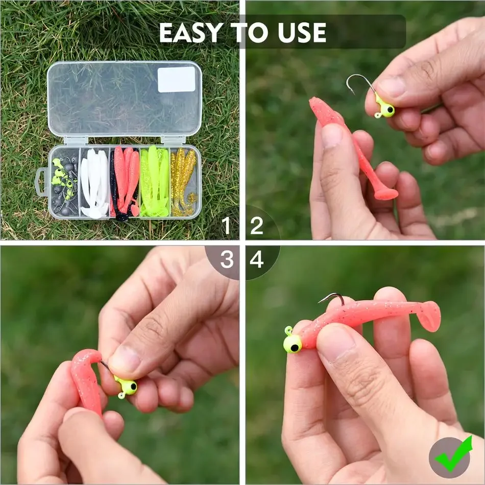 40pcs/lot Soft Fishing Lure Kit 5cm 0.7g Jig Head Hook 3.2cm 3.5g Fishing Hooks with Tackle Box fishing lure