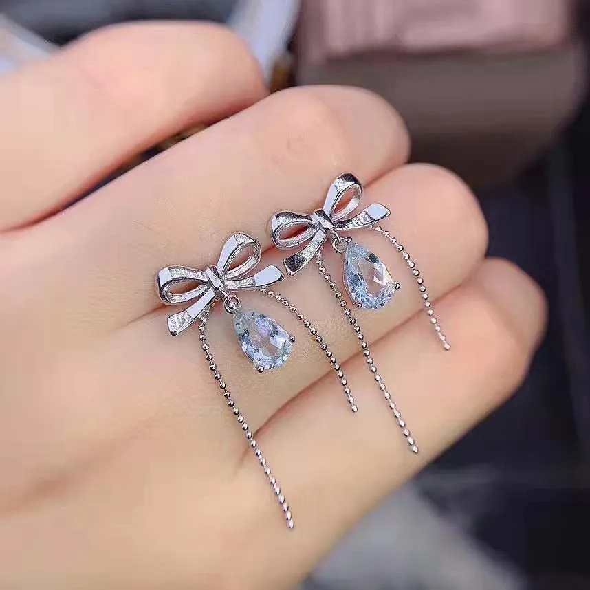 

Aquamarine Bow Earrings S925 Sterling Silver Natural Gem Fine Fashion Women's Charm Weddings Jewelry Free Shipping MeiBaPJ FS