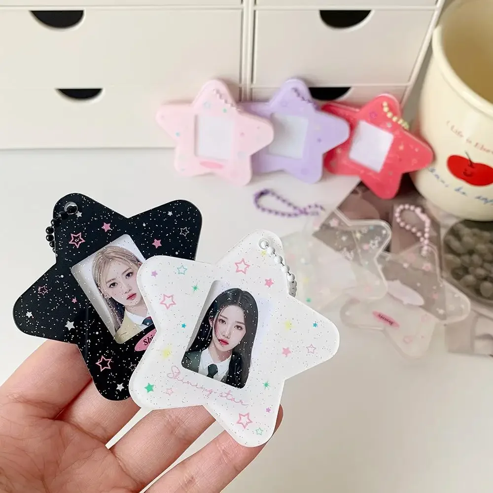 Portable Glitter Star Photocard Holder Keychain 1-Inch ID Card Case for Kpop Idol Photos