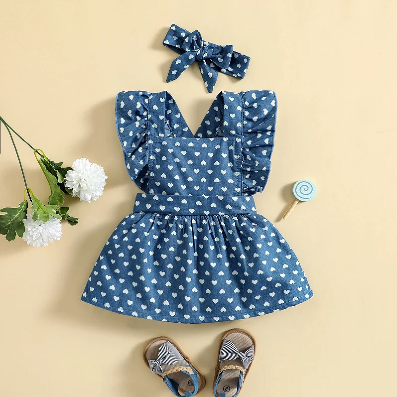 

Baby Girl Denim Dress 2pcs Set Kids Overall Skirt 3-18M Toddler Heart Printed Cowboy Clothes with Headband