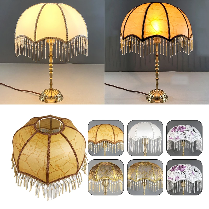 European Vintage Luxury Lampshade Table Lamp Cover Retro Princess Rustic Bedroom Bedside Bead Lace Fabric Lamp Cover Home Decor