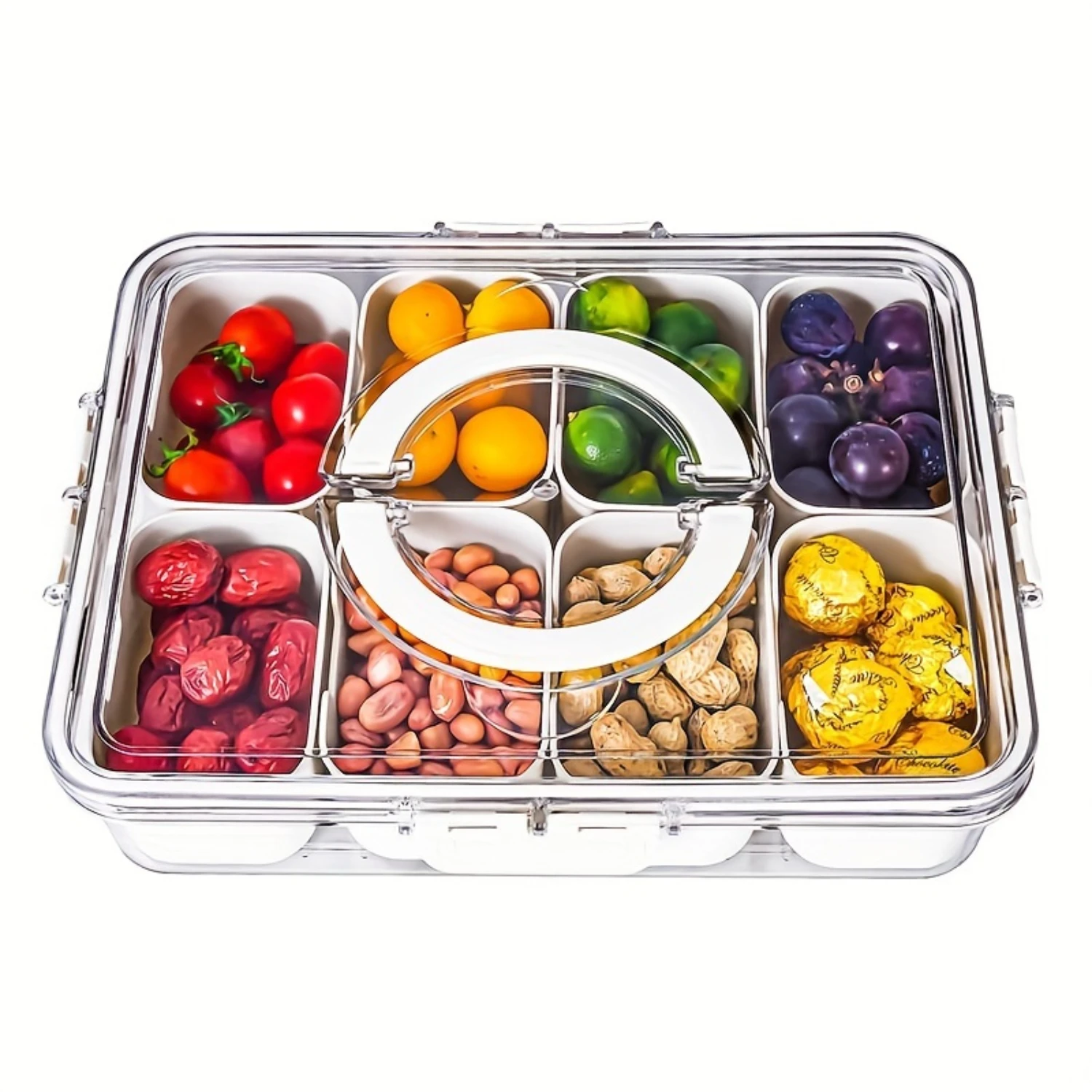 Divided Serving Tray with Lid and Handle--Snackle Box Charcuterie Container for Portable Snack Platters-Clear Organizer for Ca
