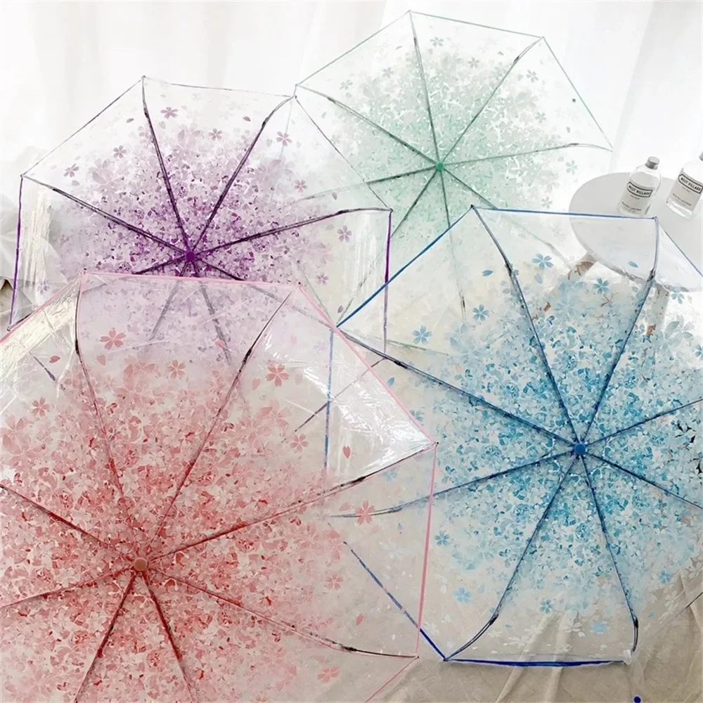 Korean Umbrella Folding Cute Korean Mini Fresh Simple Sen Series Trifold Cherry Blossom Transparent Japanese Umbrella