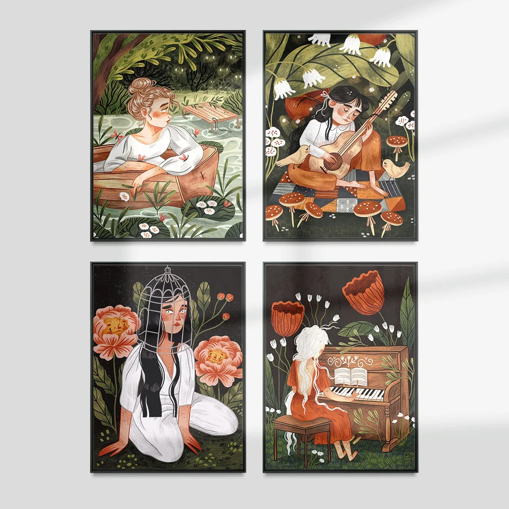 

Cartoon Girl Illustration Modern Art Print Poster Living Room Bedroom Bedside Background Canvas Painting Home Decor Wall Picture