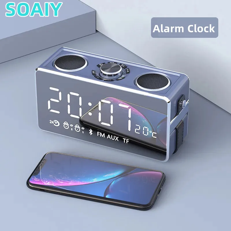 

SOAIY S18 Wireless Bluetooth FM Speakers Music Stereo Bass Outdoor Car LED Support TF Mirror Portable Alarm clock Mini Subwoofer