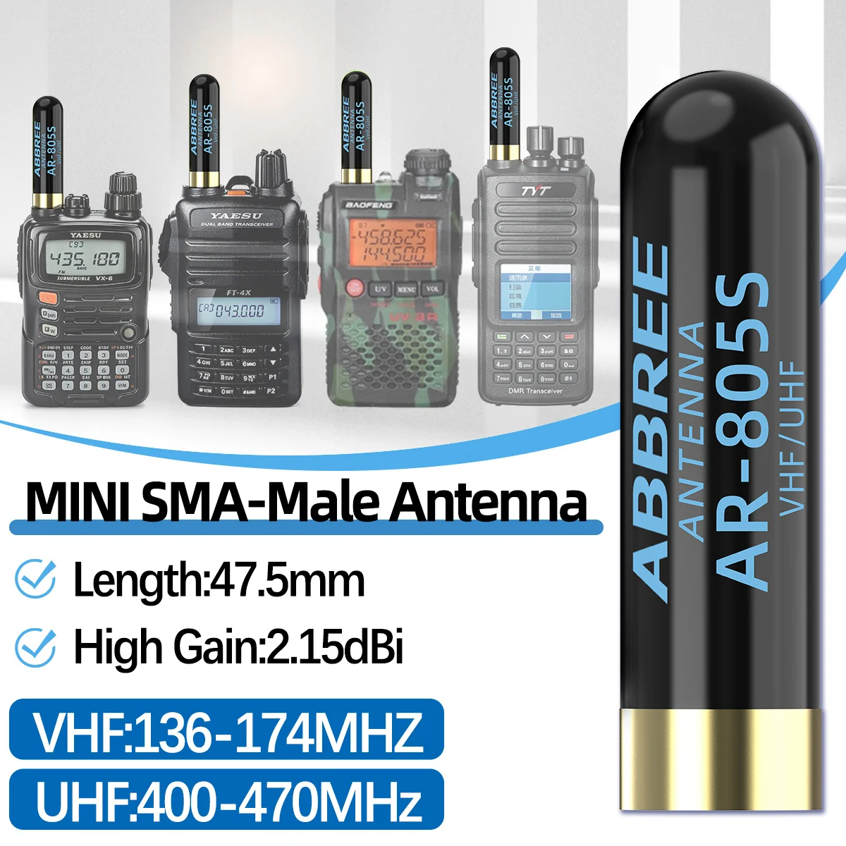 ABBREE AR-805S SMA-남성 미니 안테나 워키 토키 BAOFENG UV-3R Retevis RT82 Wouxun UV-9D PLUS 용 듀얼 밴드 고이득 안테나