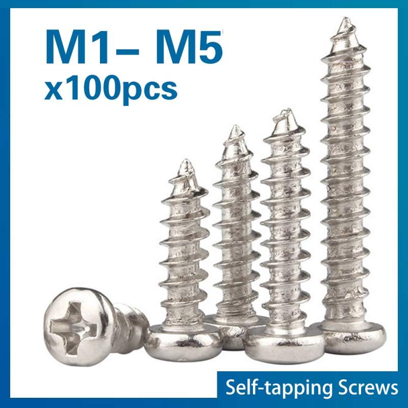 100pcs/Lot Nickel-Plated Carbon Steel Cross Recessed Round Head  Self-Tapping Screw M1 M1.2 M1.4 M1.7 M2 M3 M4 M5