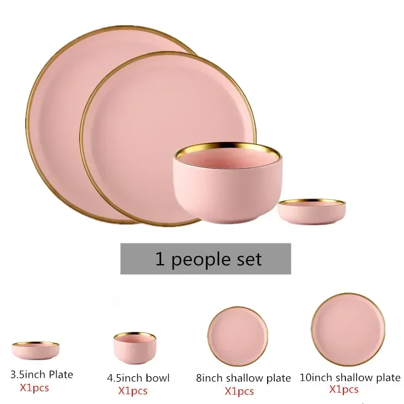 Gilt Rim Pink Dinner Porcelain Plate Set Plate Kitchen Ceramic Tableware Dishes Food Rice Salad Bowl Noodles Mug Cutlery Set 1pc