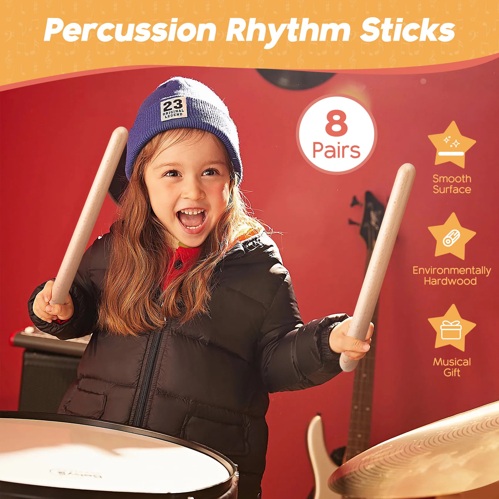 B48B-8 Pairs Classical Wood Claves Musical Percussion Instrument Natural Hardwood Rhythm Sticks Percussion Rhythm Sticks