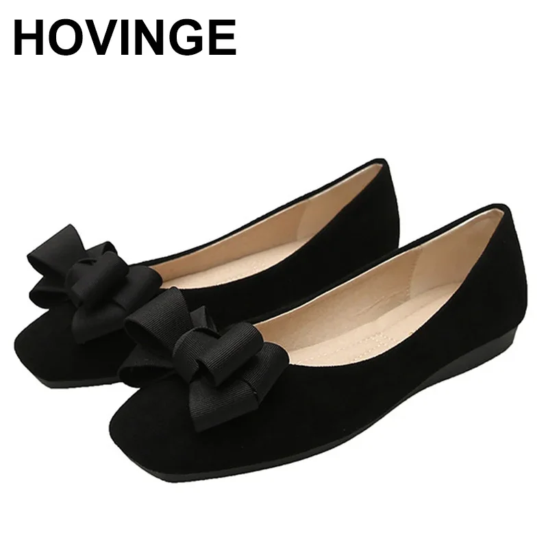 Flats Women Fashion Butterfly-Knot Square Toe Party Leather Ballerinas Plus Size 33-43 Shallow women loafers