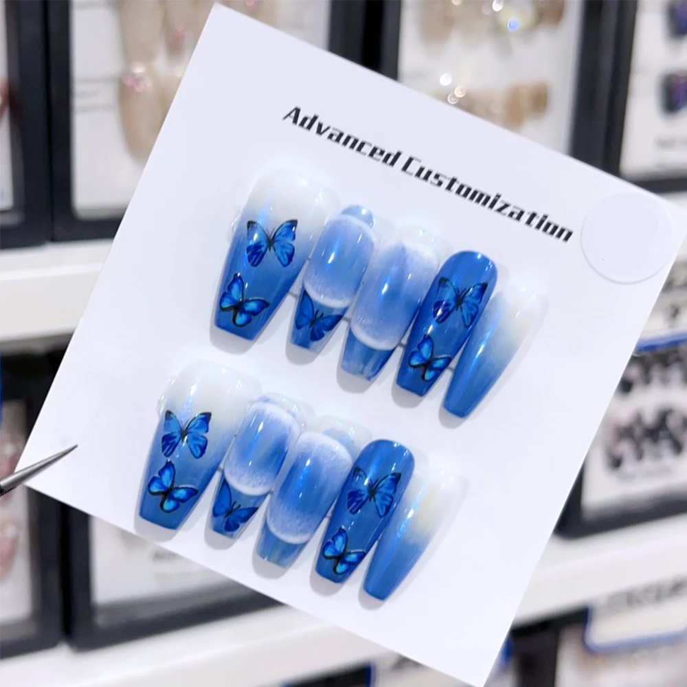10 Pcs Blue Butterfly Design Handmade Fake Nails Luxury Wearable French Coffin Long Full Cover Press On Nails Cute y2k Nail Tips