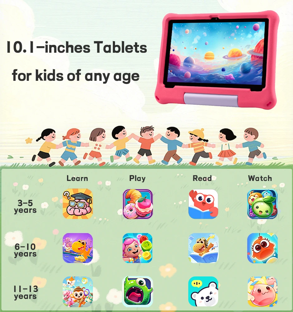 10.1인치 어린이용 태블릿 안드로이드 15 8GB 램 64GB 롬 1TB 확장 가능 WiFi6 5000mAh 눈 보호 기능 탑재 어린이용 태블릿 (충격 방지 커버 포함)