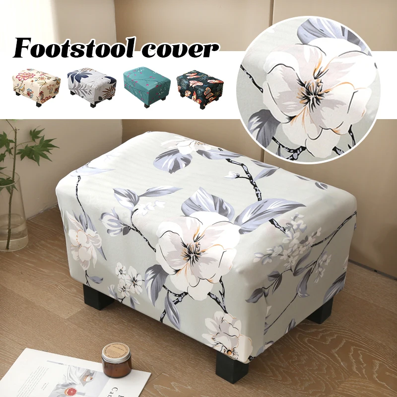 

Flower Printed Footstool Cover Spandex Stool Cover Rectangular Stretch Removable Footrest Cover Living Room Furniture Protector