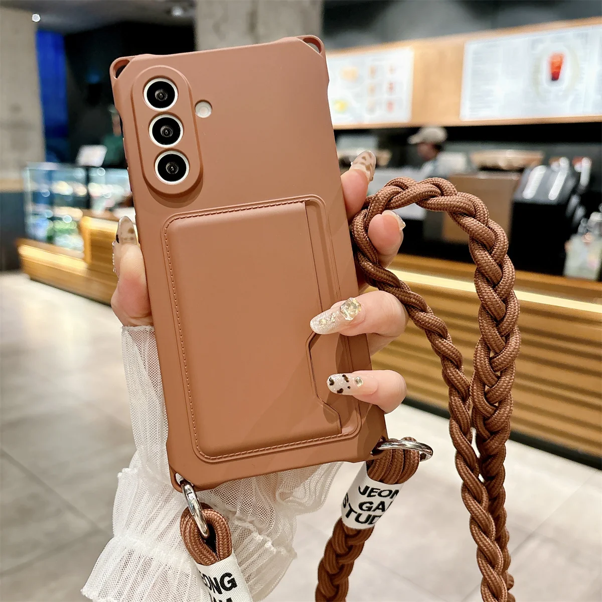 Braided Crossbody Lanyard Strap Phone Case with Wallet Card Holder and Silicone Cover