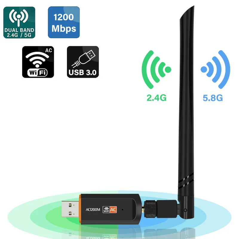 Clé WiFi USB Double Bande 1300 Mbps (2.4GHz/5GHz) Avec 2 Antennes 5dBi - Compatible Windows, Mac, Linux