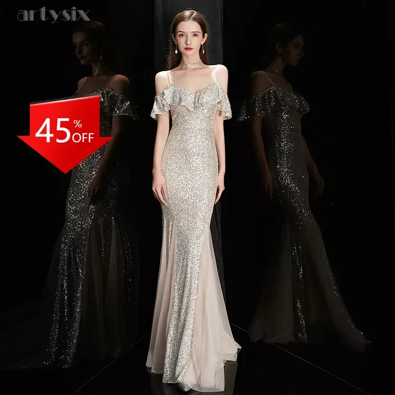 

Evening Dress Sequin Ruffle Sleeve Strap Banquet Party dress vestidos elegantes para mujer elegant dress women for wedding party