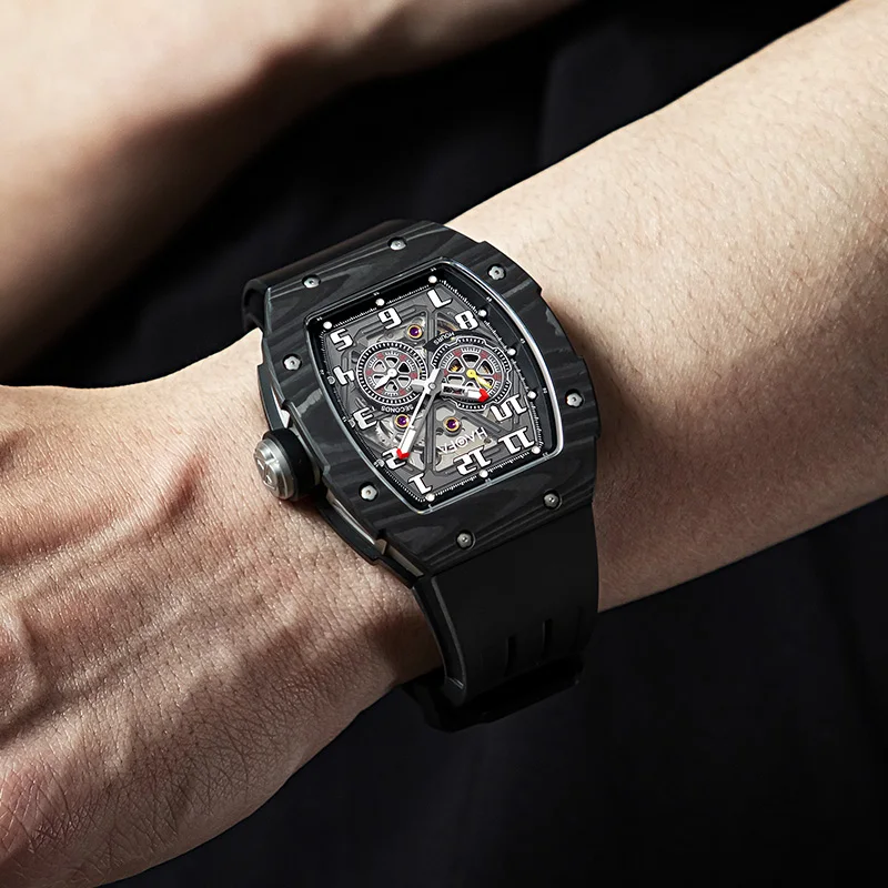 Haofa スケルトン自動機械式時計男性用ホイールハブダイヤルカーボン