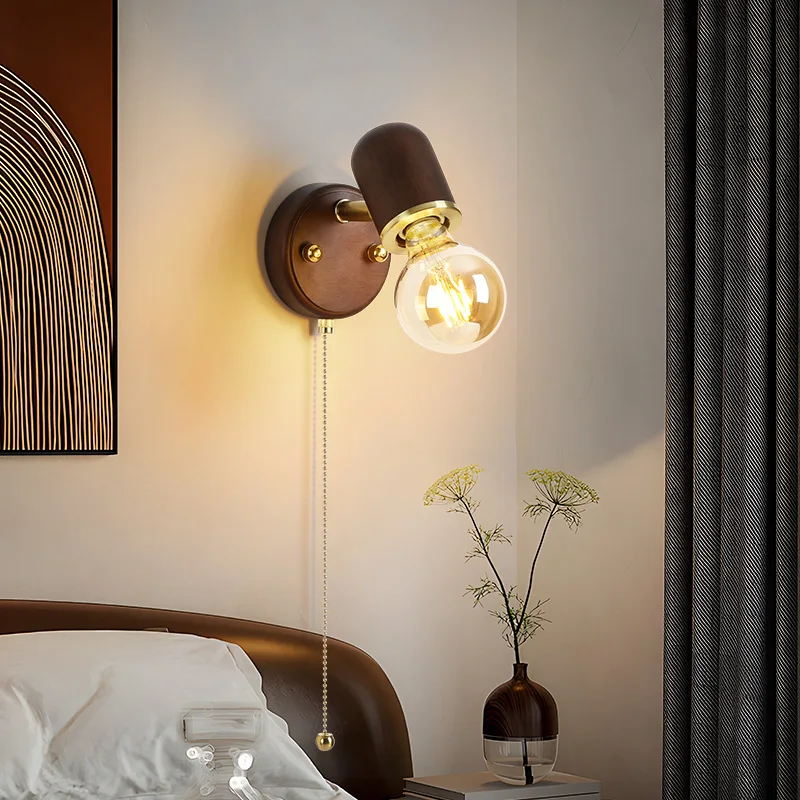 Bedroom Vintage wall lamp with pull wire switch can rotate the French medieval wabi-Sabi solid wood retro lighting cream wind