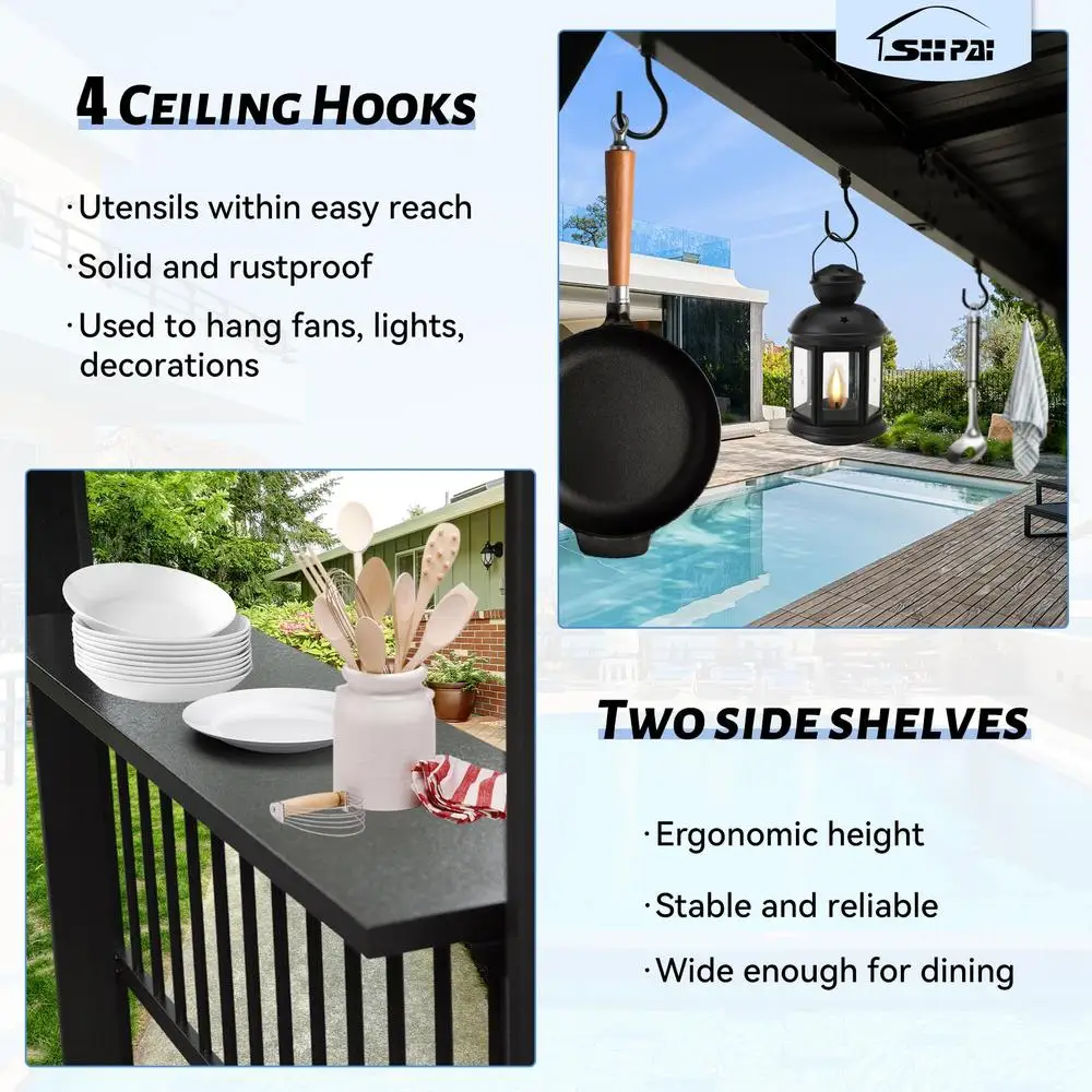 6.5x12FT Hardtop Grill Gazebo All-Weather BBQ Shelter with Side Shelves Ceiling Hooks Galvanized Steel Frame Outdoor Parties 4
