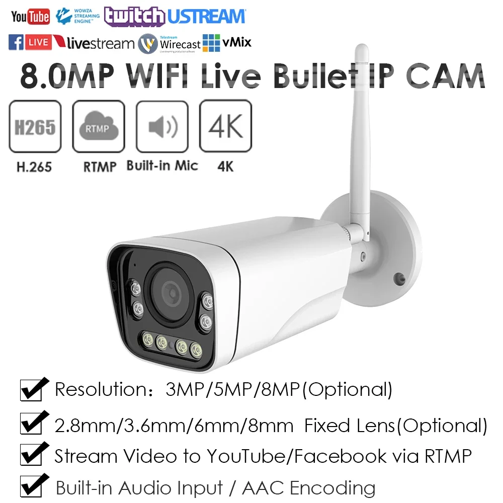 Wireless WiFi RTMP IP Camera 4K 8MP IMX415 Full Color Live Streaming Push Video to YouTube Facebook Twitter Onvif Outdoor Indoor luxvisage тушь perfect color push up effect