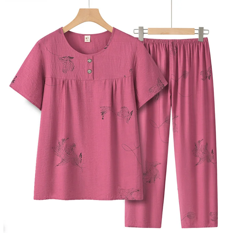 XL-4XL Middle Aged Mother Short Sleeve Pant Suit Vintage Knit Cotton Pajamas Set Summer Sleep Wear Clothes Home Pyjama Women