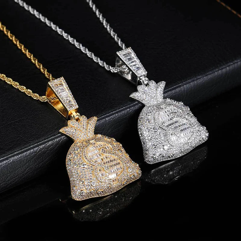 

Hip Hop 3A+ CZ Stone Paved Bling Iced Out Dollars Money Bag Purse Pendants Necklace for Men Rapper Jewelry Gold Silver Color