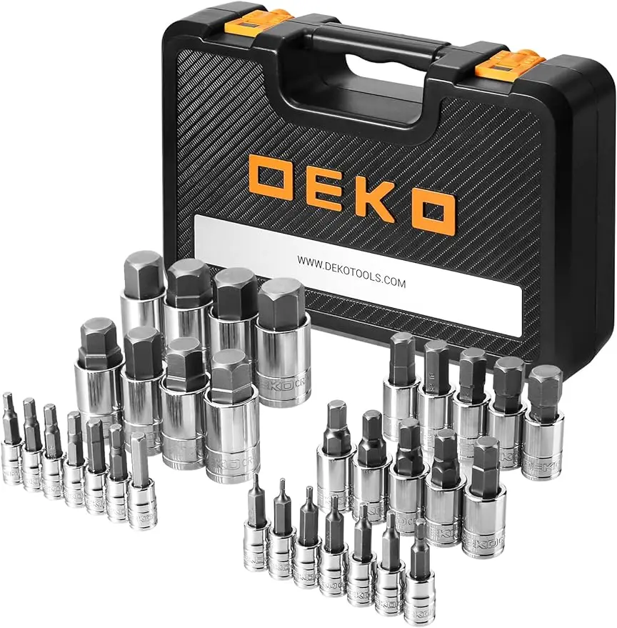 DEKOPRO 32 Pieces Hex Bit Socket Set 1/4'' 3/8' 1/2'' Drive Socket Set SAE and Metric S2 & Cr-V Steel