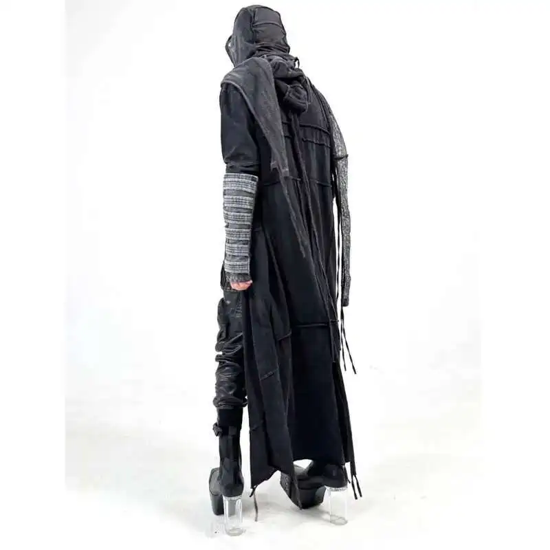 HKSH Men Waste Land Sand Vintage Washed Long Hooded Cape Hanging Vertical Cut Windbreaker Bottom T-shirt Long Sleeve Tees HK4376