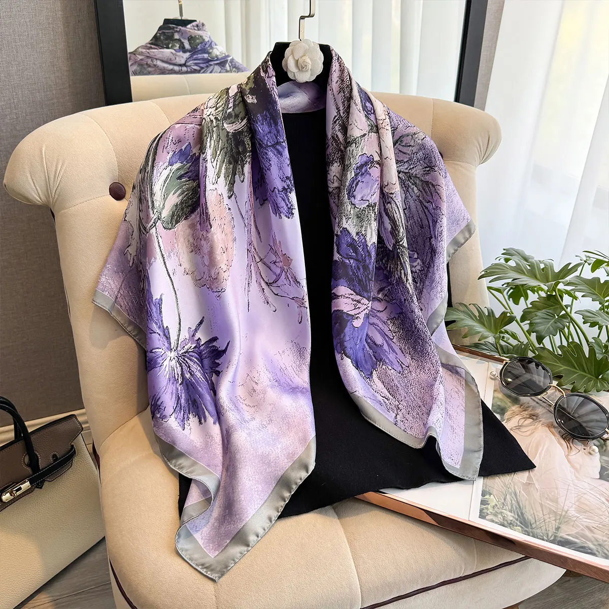 Spring and Summer Floral Design 90*90cm Women Scarf Sunscreen Foulard Shawl Hijab Female Hair Hijab Wraps Neckerchief Bandanda