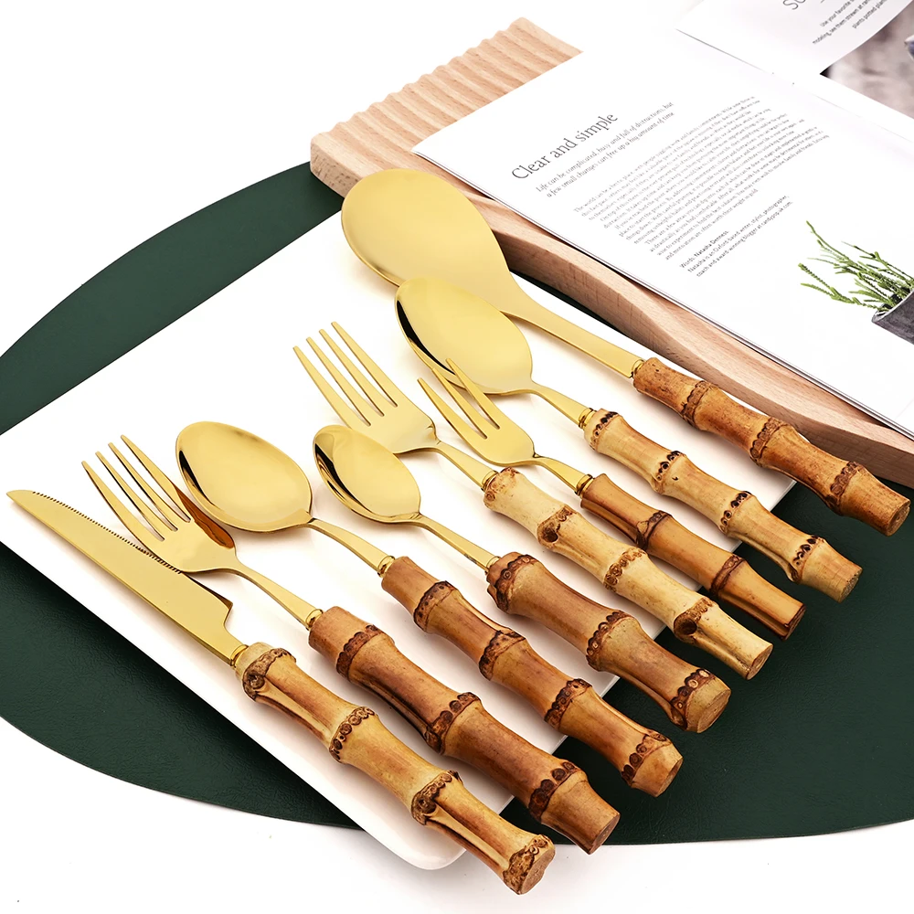 6Pcs Gold Natural Bamboo Handle 304 Dinnerware Set Stainless Steel Cutlery Set Upscale Knife Dessert Fork Spoon Tableware