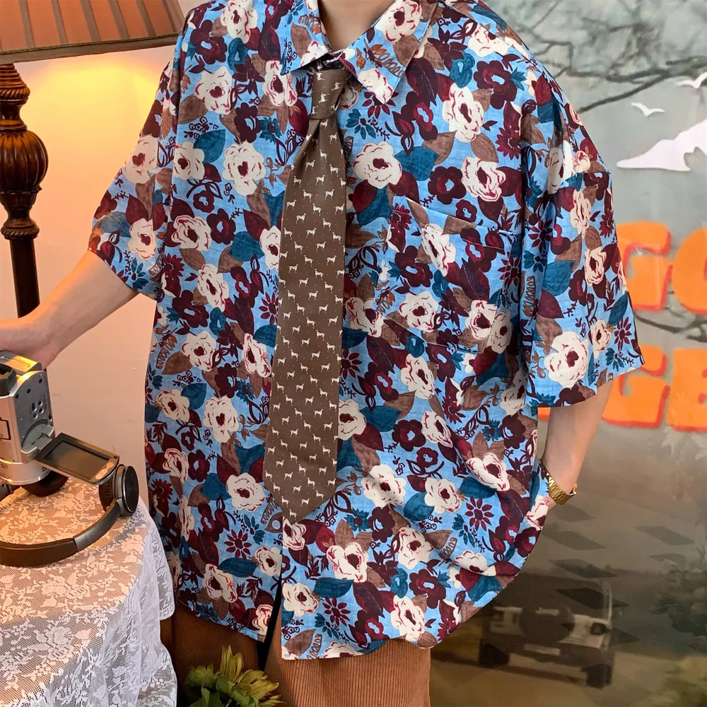 

Retro Flower Full Print Hong Kong Style Short Sleeve Beach Shirt Women Men 2022 Summer New Hawaiian Neutral Loose Flower Shirts