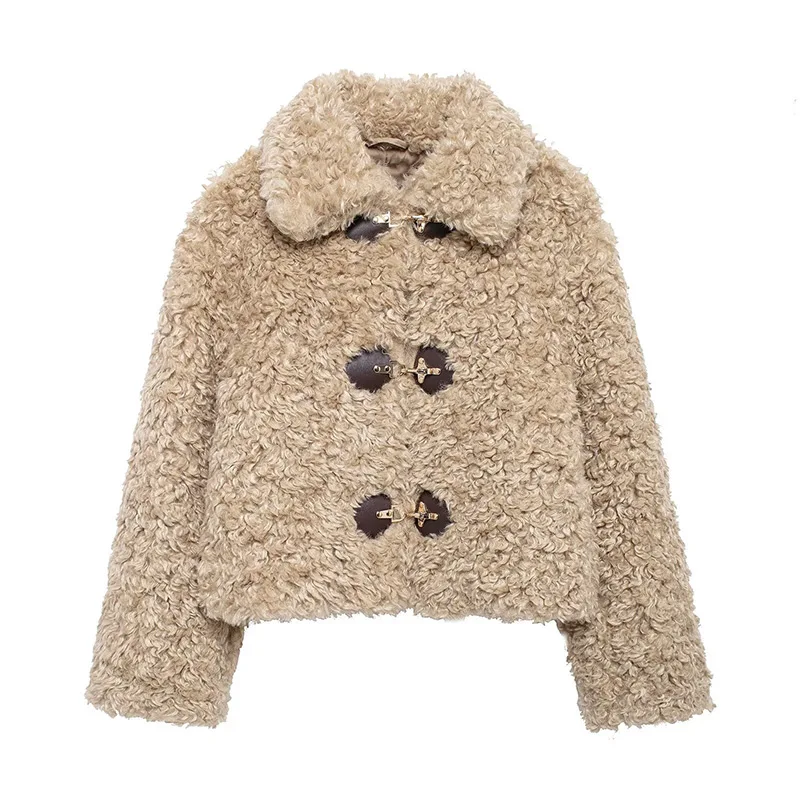 Vintage Lambs Wool Jacket For Women Loose Fleece O-neck Single Breasted Pockets Long Sleeve Fur Coat Autumn Winter Lady Outwear