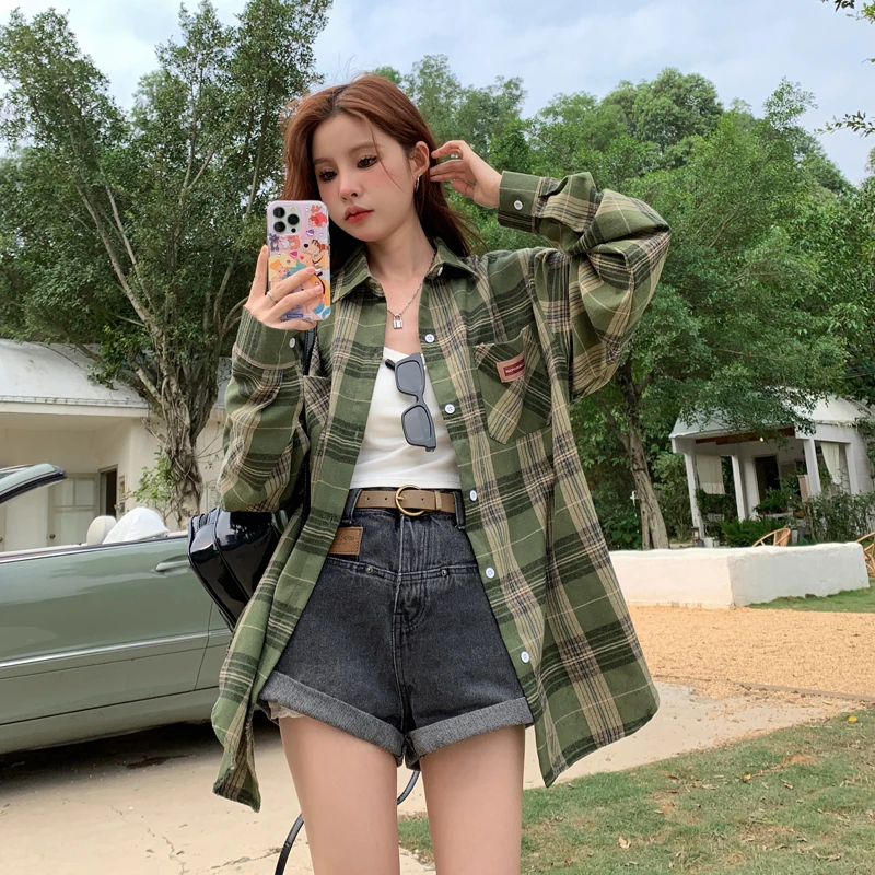

DALMAZZO Spring And Summer Korean Chic Lantern Sleeve Loose Shirt Tops Women Lapel Single Breasted Plaid Long Shirts Blouses