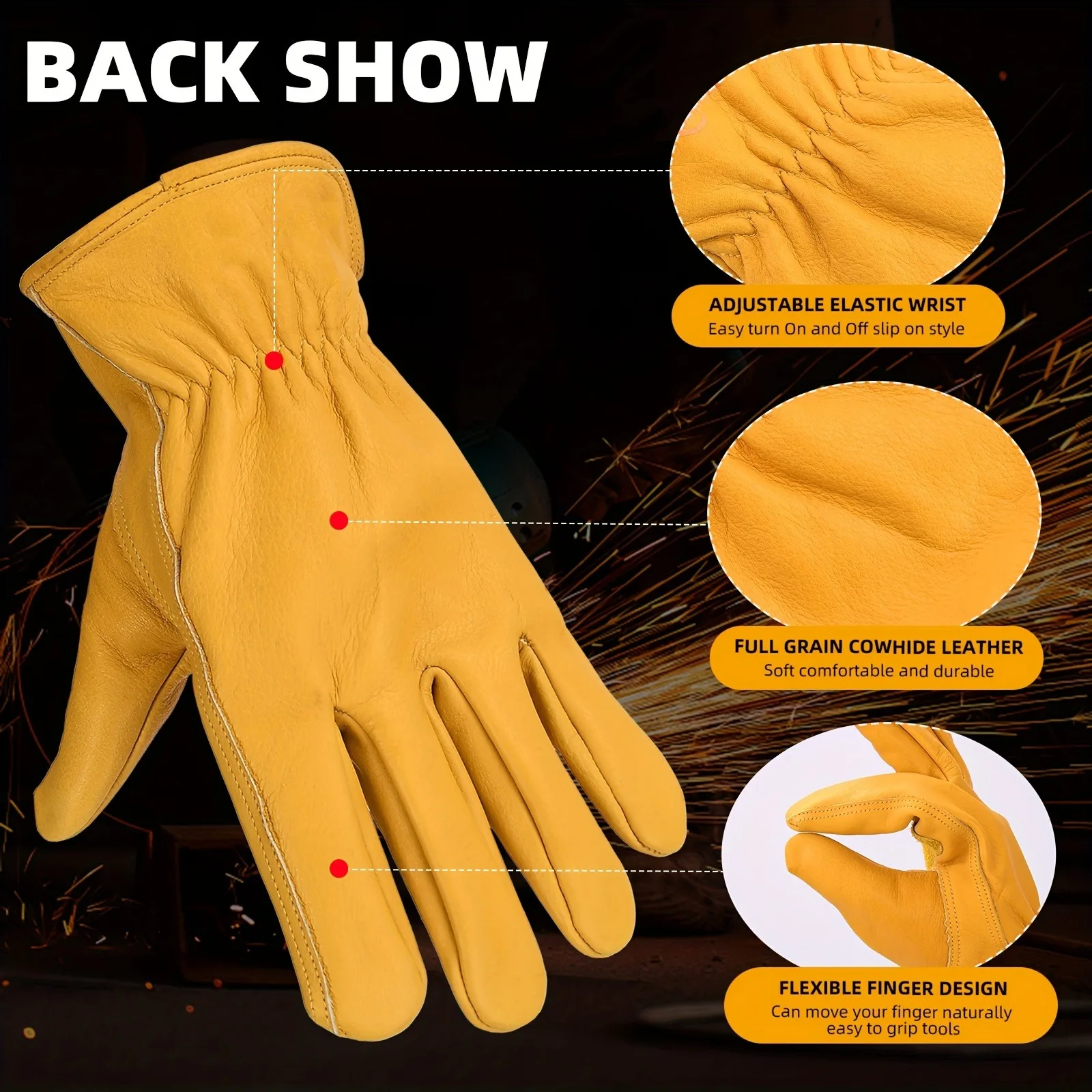 Work Gloves 1 Pair Of Flex Grip Leather Stretchable Wrist Tough Cowhide