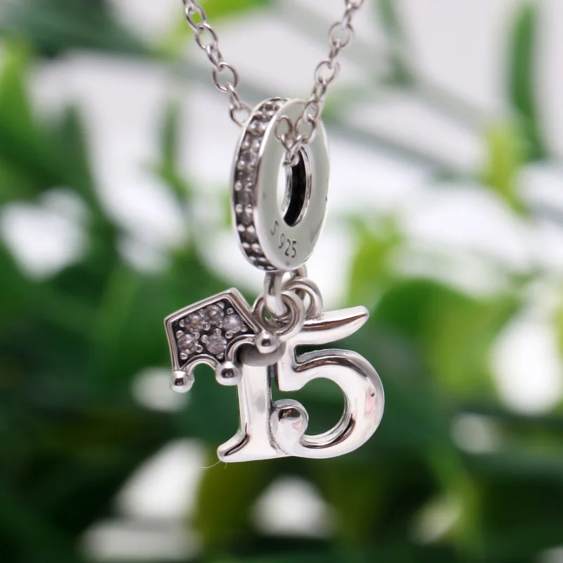 

New Original 925 Sterling Silver Bead 15 Crown Anniversary Clear CZ Dangle Charm Fit Pandora Bracelet DIY Women Jewelry Dropship