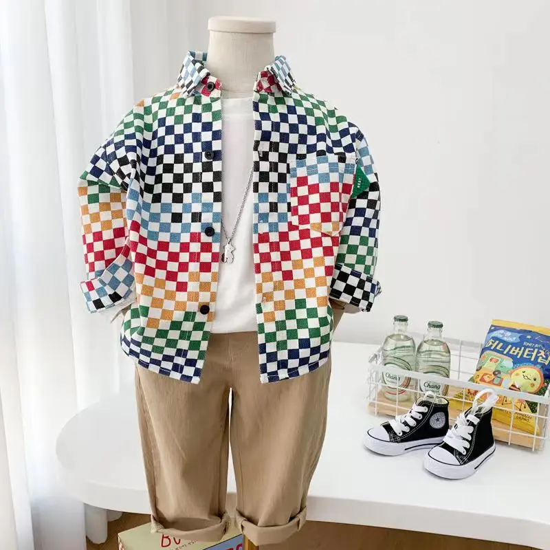 Kids Boys Spring Korean Casual Shirt Fashionable Mosaic