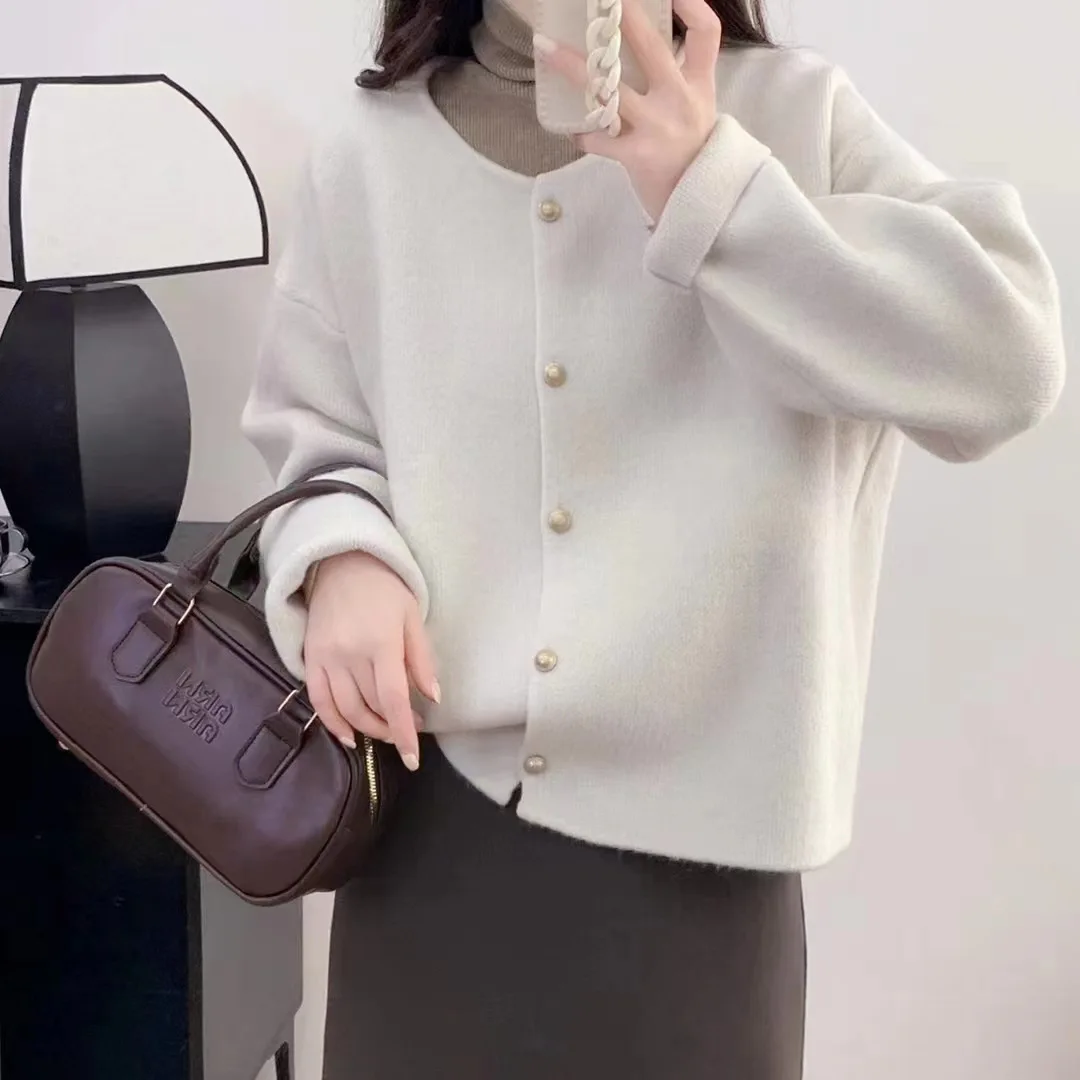 Gold Button Long Sleeve Knitted Cardigan Sweater for Women