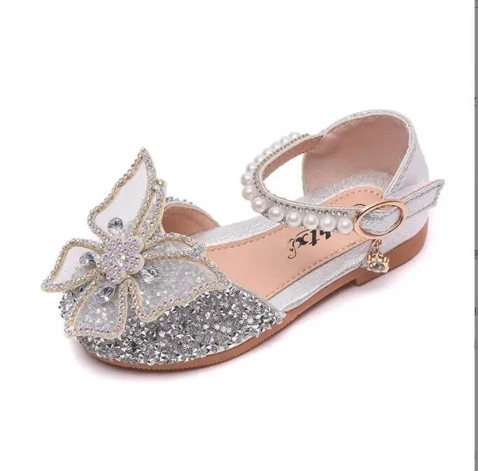 Girls Sequin Bow Kids Shoes Girls Cute Pearl Princess Dance Single Shoes Children's Party Rhinestone Soft Sole Wedding Shoes